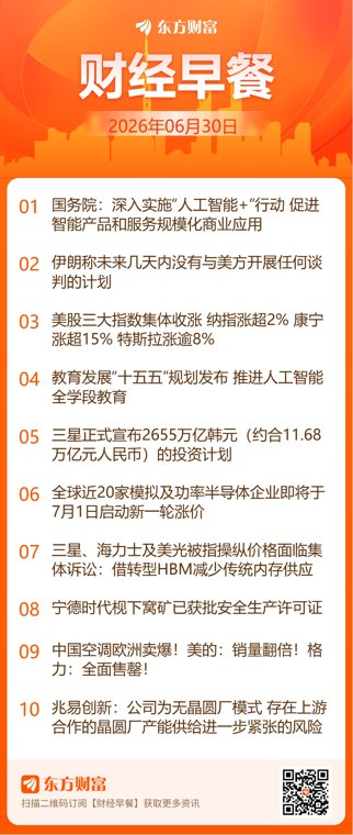 东方财富财经早餐 6月30日周二
